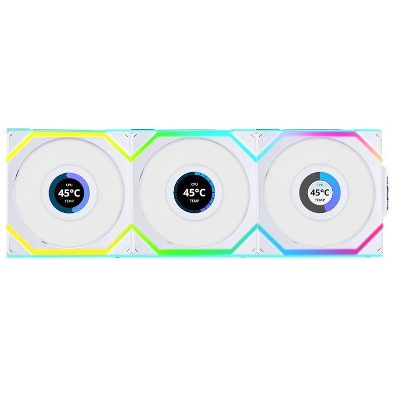 LIAN LI UNI FAN SL Wireless LCD Reverse Blade 120mm ARGB Case Fans with 1.6” LCD Screen (3 Pack) - White