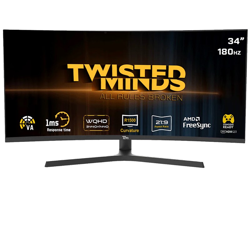 Twisted Minds 34" WQHD, 1ms, 180Hz, VA Panel, Speakers, Curved Monitor