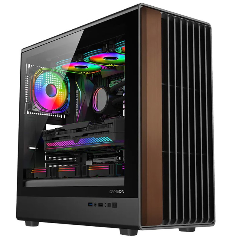 GAMEON TIMBER Midnight Series ARGB + PWM Mid Tower Gaming Case - Wood/Black (7 Fans Included)