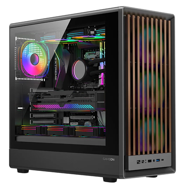 GAMEON Timber Midnight I Series ARGB Mid Tower Gaming Case - Wood/Black