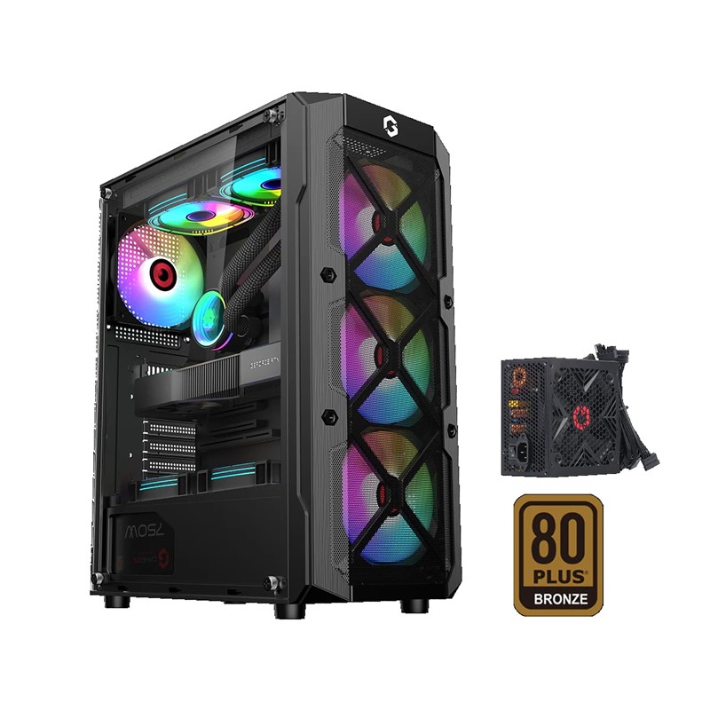 GAMEON TRIDENT III-M POWERFORGE Series Mid Tower Gaming Case with 750Watt Power Supply Pre-Installed - Black (4 ARGB FANS Included)