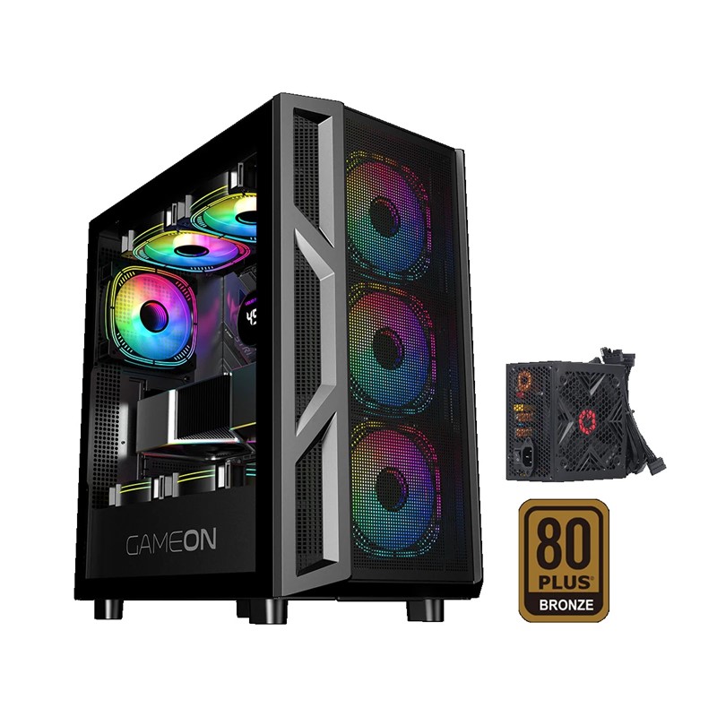 GAMEON Trident IV-M POWERFORGE Series Mid Tower Gaming Case with 750Watt Power Supply Pre-Installed - Black (4 ARGB FANS Included)