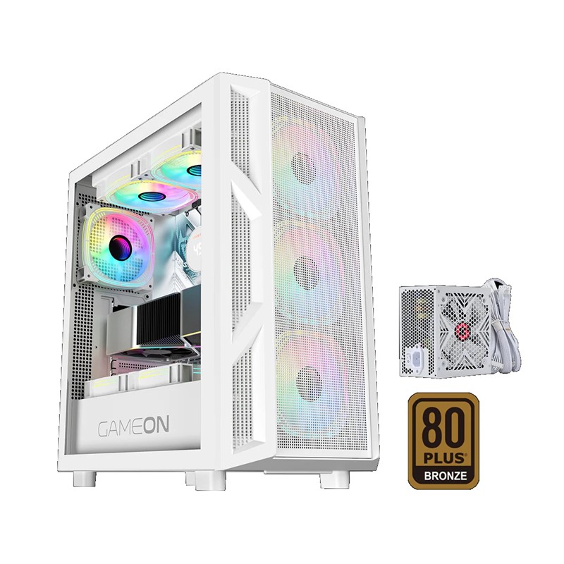 GAMEON Trident IV-A POWERFORGE Series Mid Tower Gaming Case with 750Watt Power Supply Pre-Installed - White (4 ARGB FANS Included)