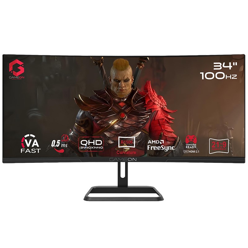 GAMEON GOC34WQHD100VA Spectra Pro Series 34" WQHD, 100Hz, MPRT 0.5ms, HDMI 2.1, Fast VA Panel Curved Gaming Monitor 1500R 21:9 (Supports PS5) - Black