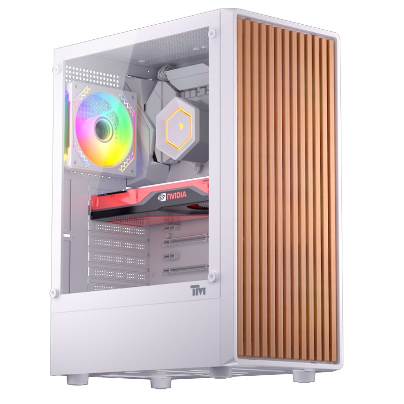 Twisted Minds WoodX Series ATX Mid Tower Gaming Case - White (4 ARGB Fans Included)
