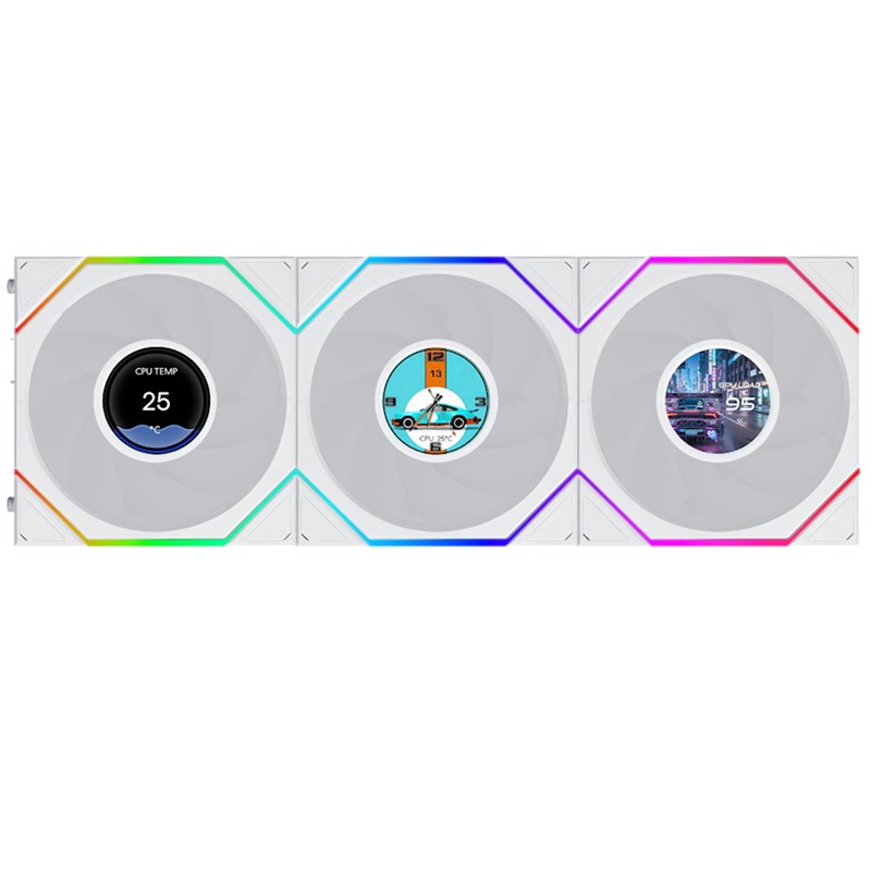 LIAN LI UNI FAN TL FLEX Wireless LCD 120mm ARGB Case Fans with 1.8" LCD Screen (3 Pack) - White