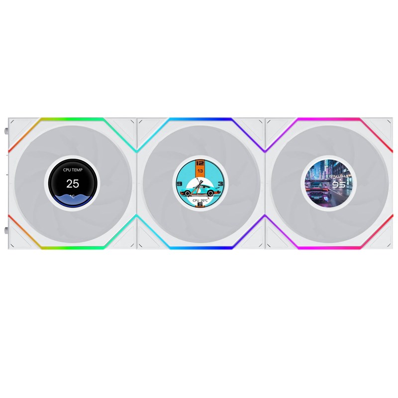 LIAN LI UNI FAN TL FLEX Reverse Blade Wireless LCD 120mm ARGB Case Fans with 1.8” LCD Screen (3 Pack) - White